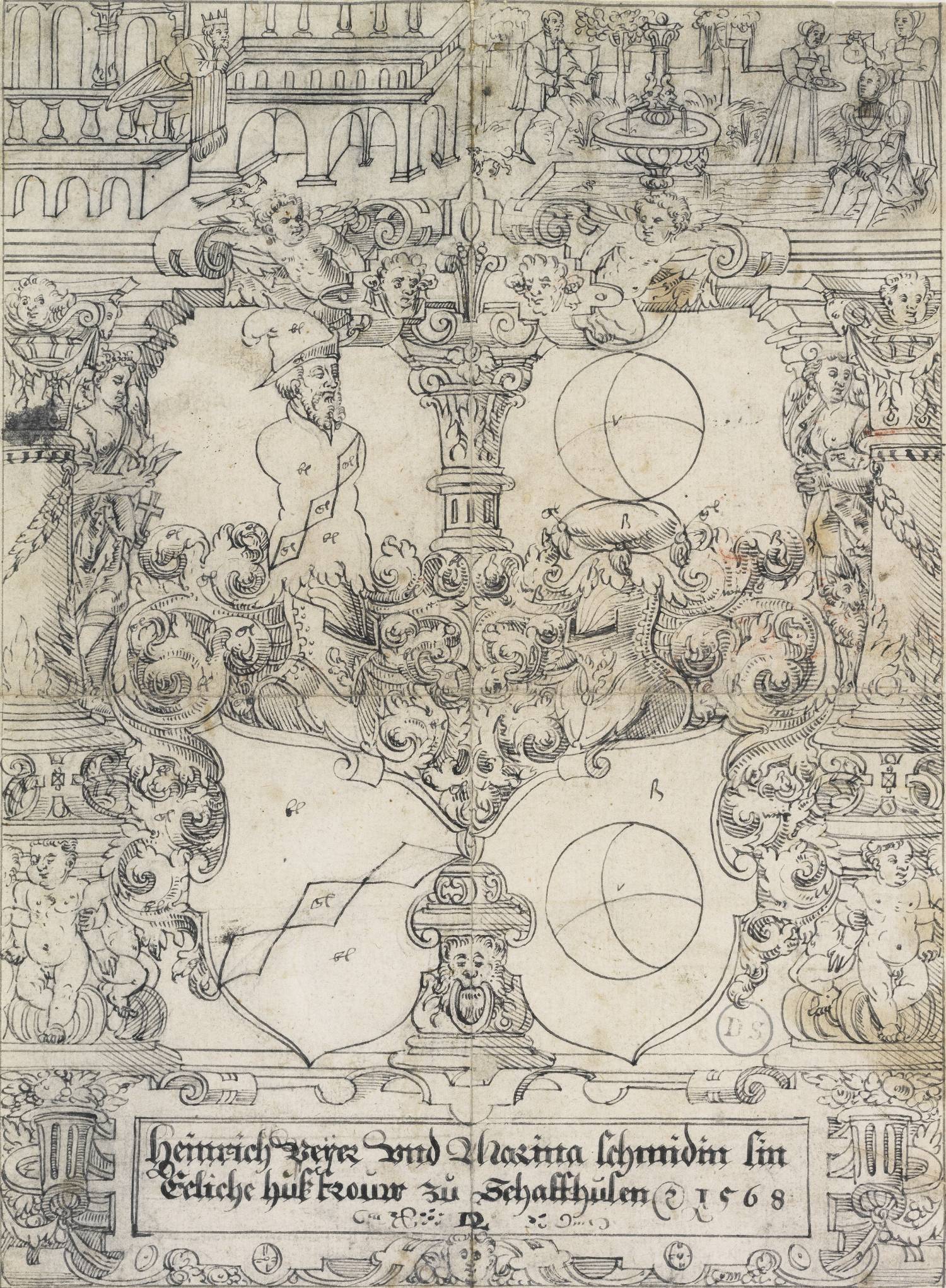 Scheibenriss mit den Wappen der Allianz Heinrich Peyer mit den Wecken (1529-1574) und Marina Schmid